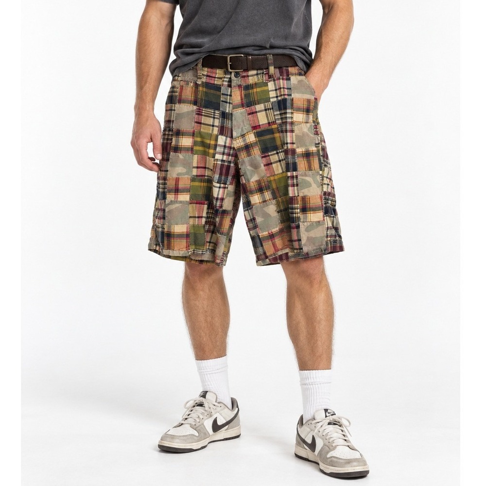 Y2K Patchwork Plaid Camo Shorts Mens 36 Cotton Skater Preppy Grunge Americana